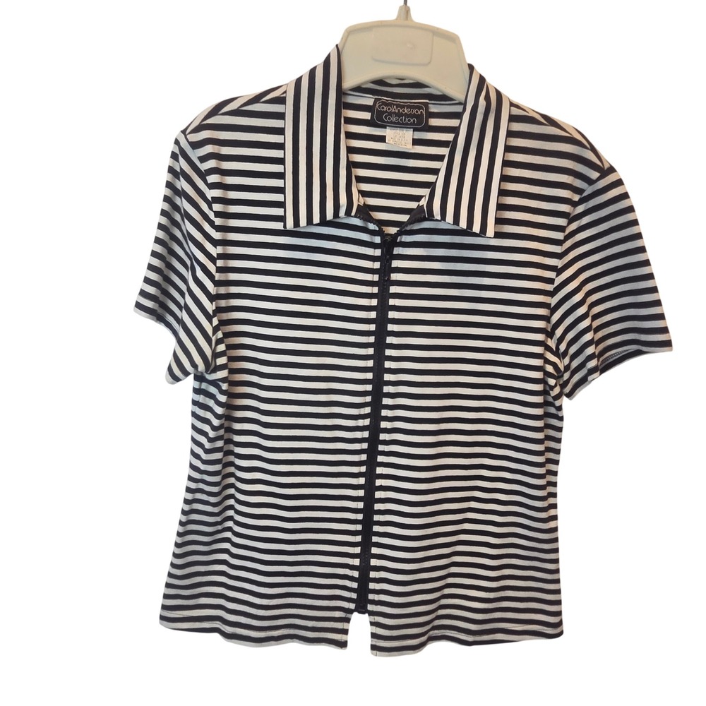 Carol Anderson Collection Zip Top Womens M Vtg 90s Black White Striped Nautical